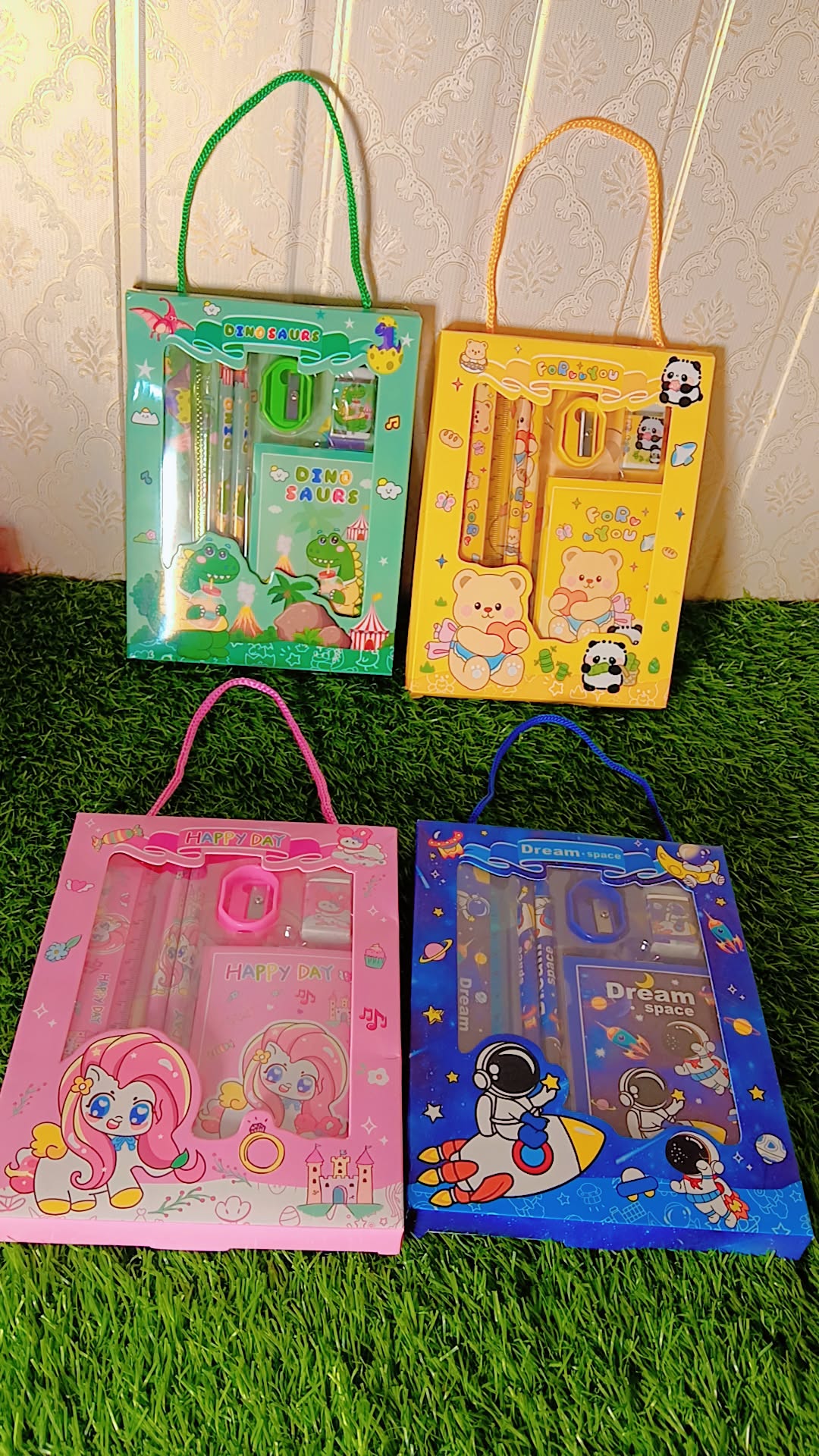 Kids Cartoon Stationery Gift Set with Bag – Pencil, Sharpener, Eraser & Diary