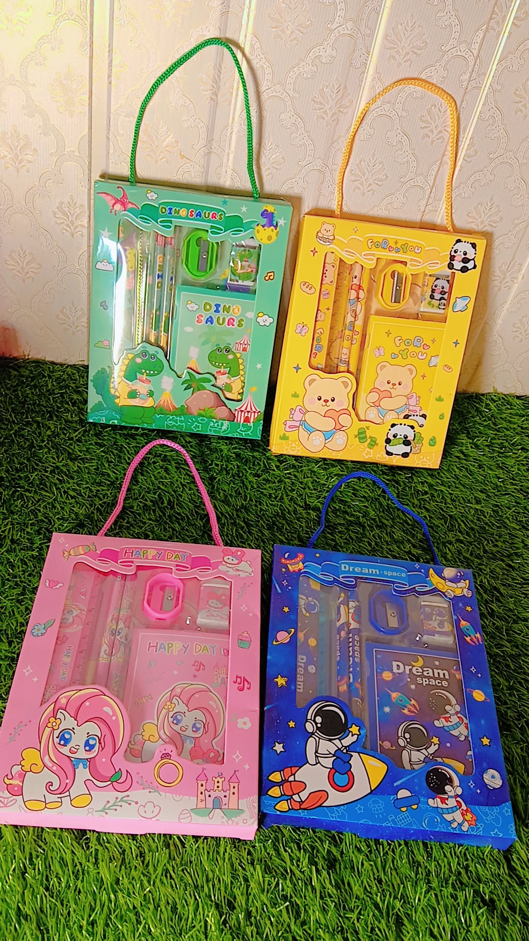 Kids Cartoon Stationery Gift Set with Bag – Pencil, Sharpener, Eraser & Diary